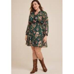 Maurices Green Floral Lurex Ruffle Boho Skater Mini Dress Women Size XL